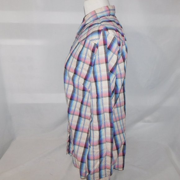 WRANGLER Womens L Pink Blue White Western Pearl Snap Shirt - Picture 9 of 14